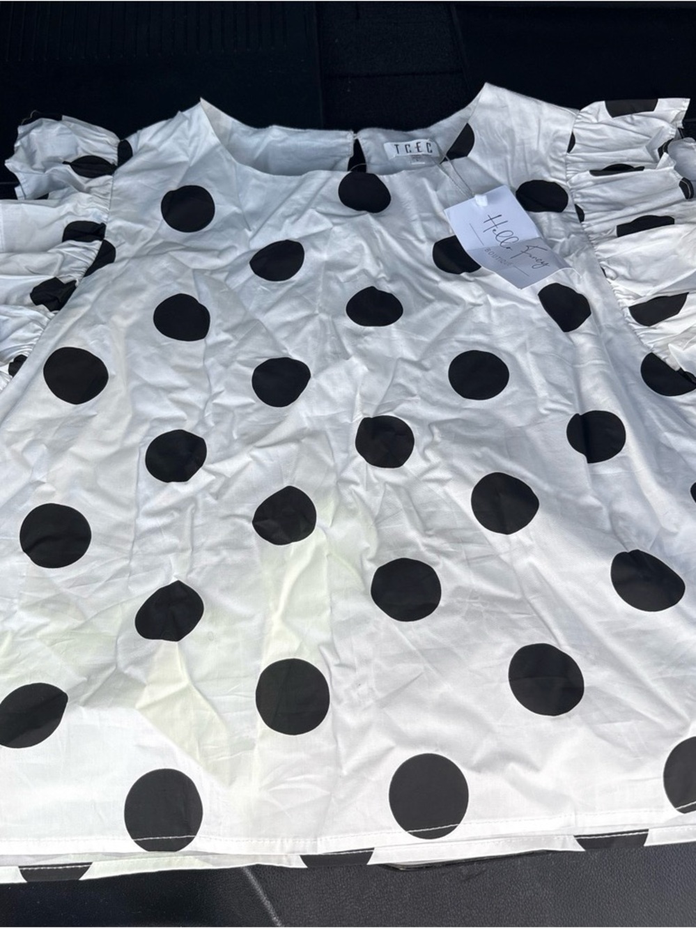 TCEC White and Black Polka Dot Ruffle Sleeve Top